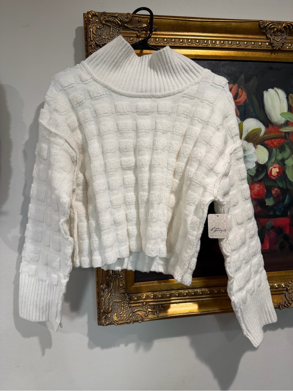 Free People (we the free) Cream Box-Stitch Cropped Cowl Sweater